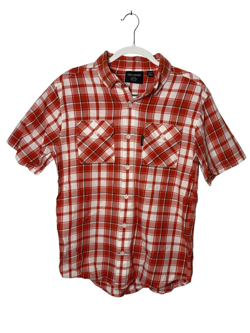 Harley-Davidson Orange Plaid Short Sleeve Button Down Shirt Men’s Medium Biker
